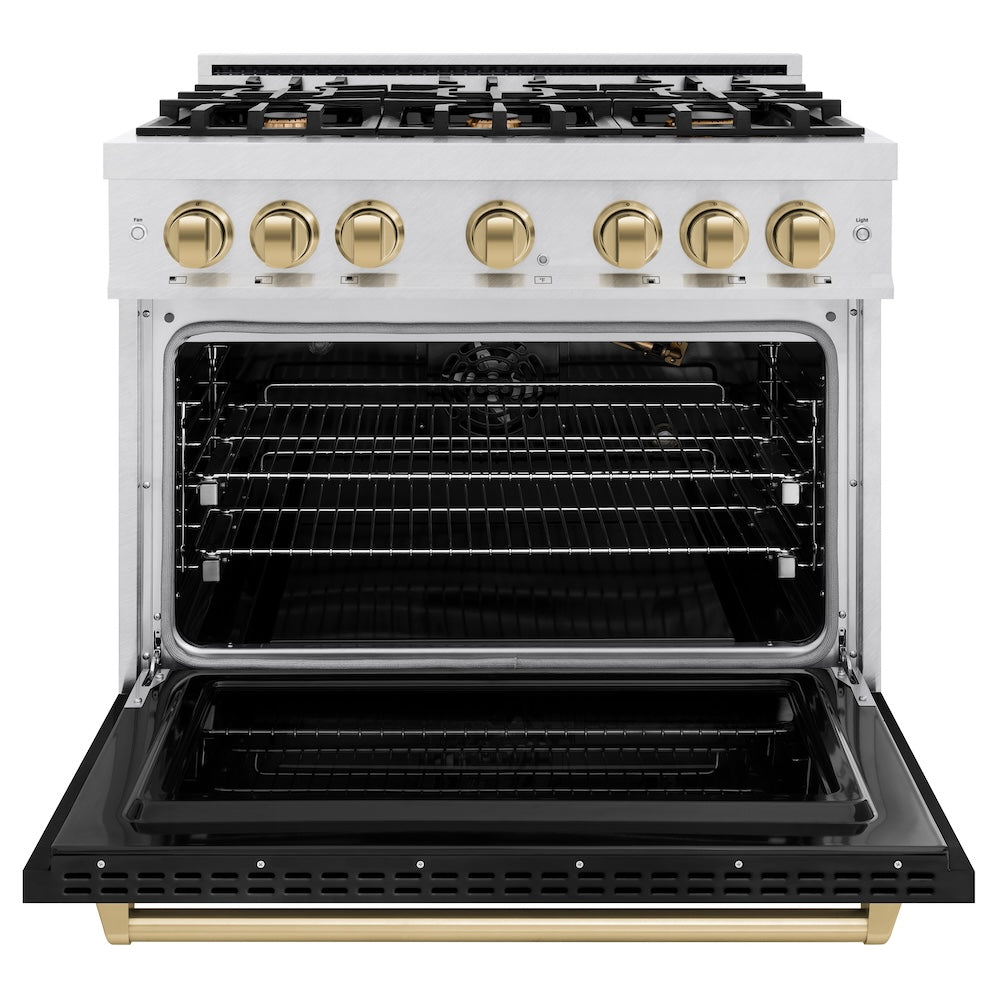 ZLINE Autograph Edition 36 in. 5.2 cu. ft. Classic Gas Range with 6 Burner Cooktop and Convection Gas Oven in Satin Stainless Steel with Black Matte Door and Champagne Bronze Accents (CGRSZ-BLM-36-CB) front, oven open.