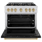 ZLINE Autograph Edition 36 in. 5.2 cu. ft. Classic Gas Range with 6 Burner Cooktop and Convection Gas Oven in Satin Stainless Steel with Black Matte Door and Champagne Bronze Accents, Open Box-Great Condition