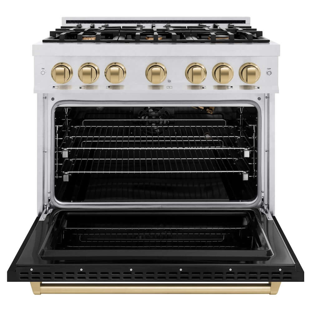 ZLINE Autograph Edition 36 in. 5.2 cu. ft. Classic Gas Range with 6 Burner Cooktop and Convection Gas Oven in Satin Stainless Steel with Black Matte Door and Champagne Bronze Accents, Open Box-Good Condition