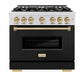 ZLINE Autograph Edition 36 in. 5.2 cu. ft. Classic Gas Range with 6 Burner Cooktop and Convection Gas Oven in Satin Stainless Steel with Black Matte Door and Champagne Bronze Accents (CGRSZ-BLM-36-CB) front.
