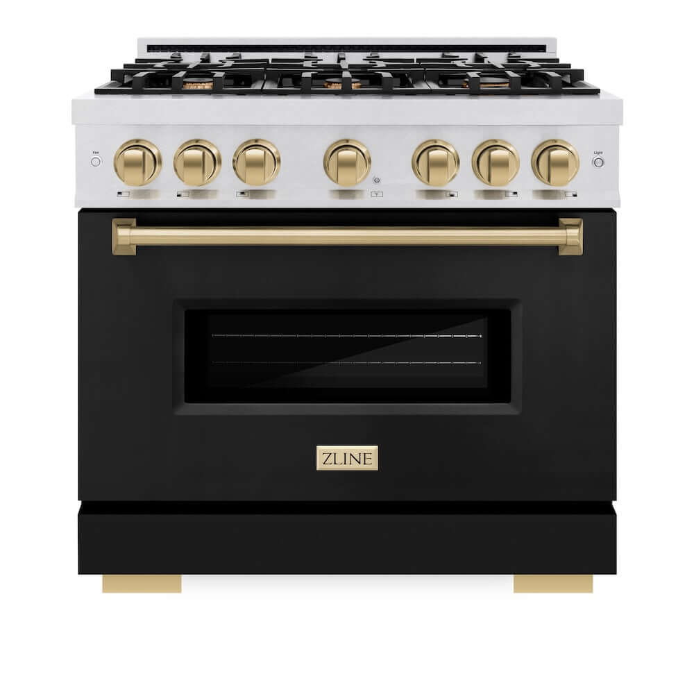 ZLINE Autograph Edition 36 in. 5.2 cu. ft. Classic Gas Range with 6 Burner Cooktop and Convection Gas Oven in Satin Stainless Steel with Black Matte Door and Champagne Bronze Accents, Open Box-Good Condition