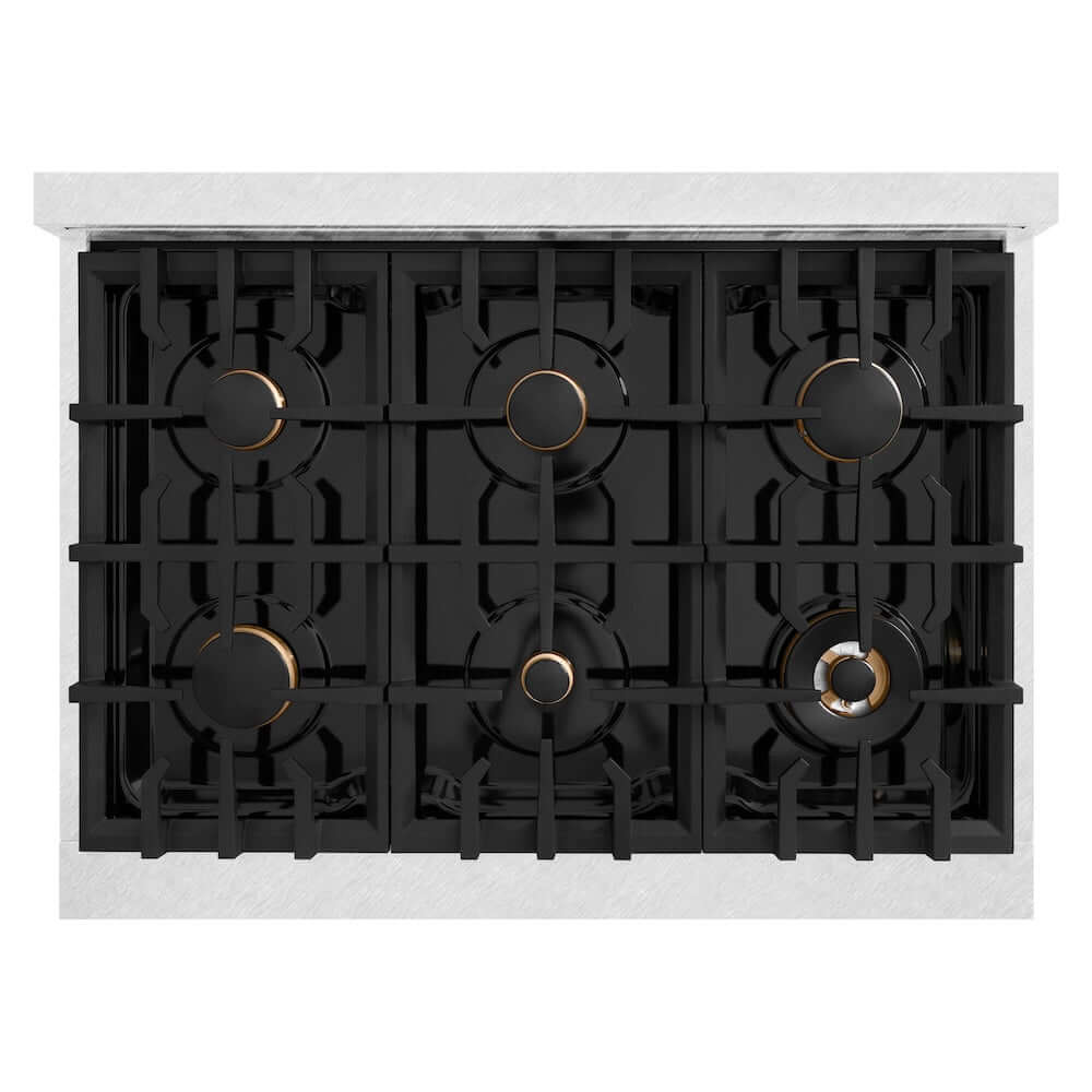 ZLINE Autograph Edition 36 in. 5.2 cu. ft. Classic Gas Range with 6 Burner Cooktop and Convection Gas Oven in Satin Stainless Steel with Black Matte Door and Champagne Bronze Accents, Open Box-Good Condition