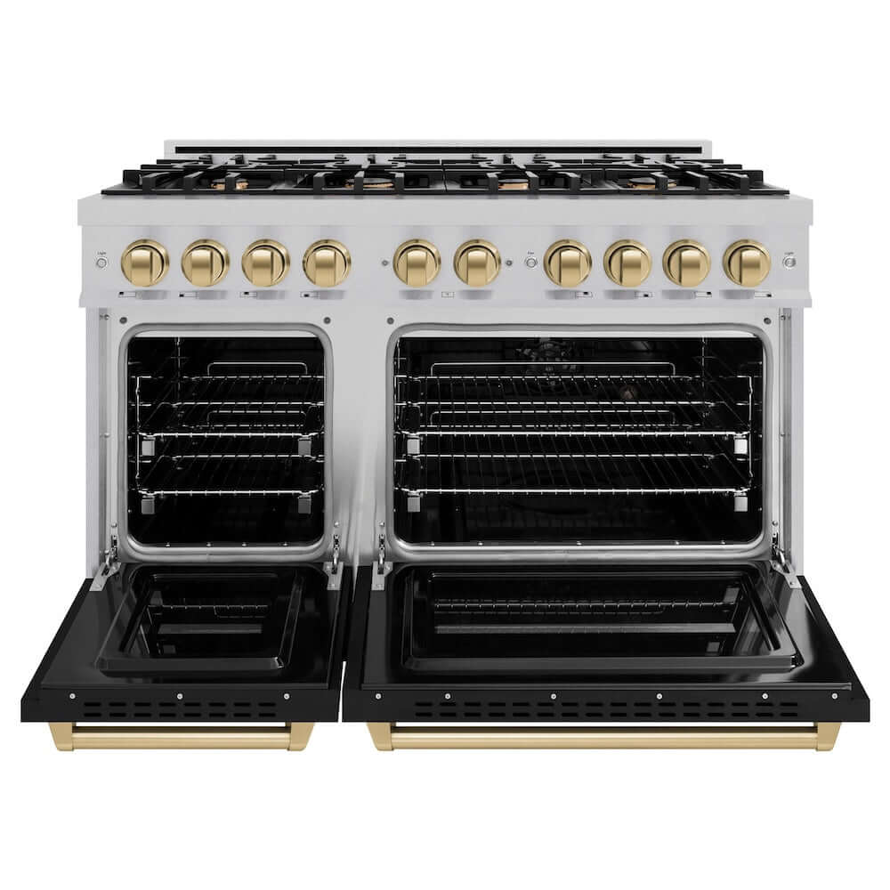 ZLINE Autograph Edition 48 in. 6.7 cu. ft. Classic Double Oven Gas Range with 8 Burner Cooktop in Satin Stainless Steel with Black Matte Doors and Champagne Bronze Accents, Open Box-Good Condition