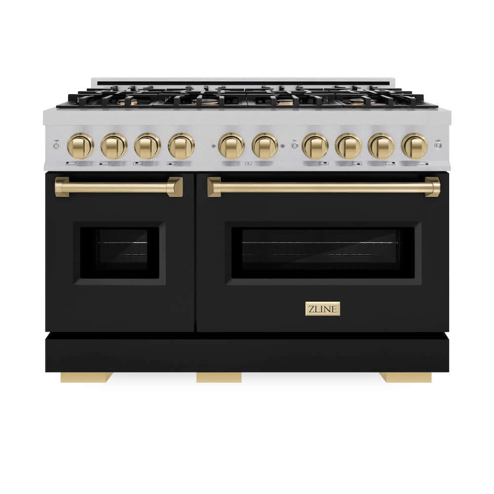 ZLINE Autograph Edition 48 in. 6.7 cu. ft. Classic Double Oven Gas Range with 8 Burner Cooktop in Satin Stainless Steel with Black Matte Doors and Champagne Bronze Accents, Open Box-Good Condition
