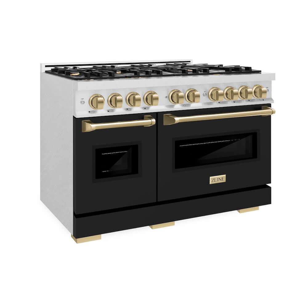 ZLINE Autograph Edition 48 in. 6.7 cu. ft. Classic Double Oven Gas Range with 8 Burner Cooktop in Satin Stainless Steel with Black Matte Doors and Champagne Bronze Accents, Open Box-Good Condition