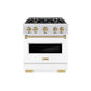 ZLINE Autograph Edition 30 in. 4.2 cu. ft. Classic Gas Range with 4 Burner Cooktop and Convection Gas Oven in Satin Stainless Steel with White Matte Door and Champagne Bronze Accents, Open Box-Great Condition