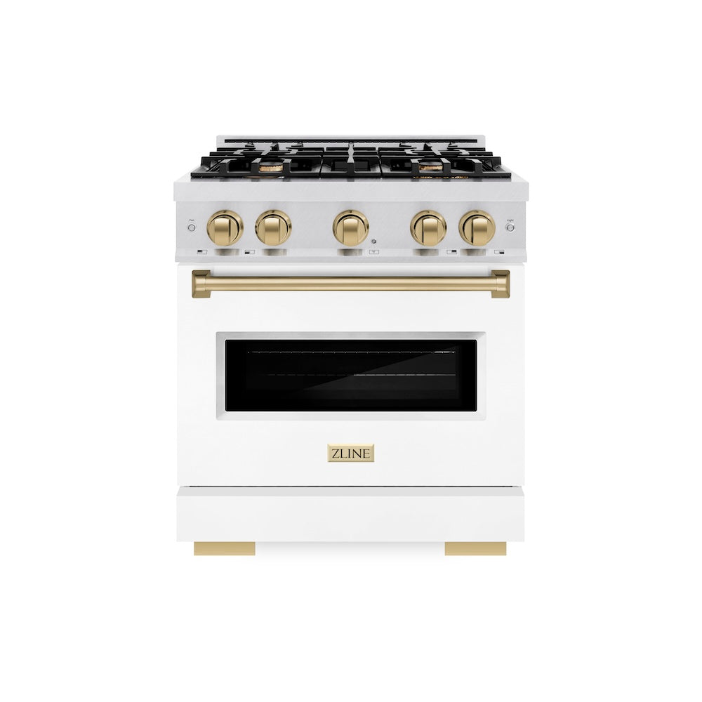 ZLINE Autograph Edition 30 in. 4.2 cu. ft. Classic Gas Range with 4 Burner Cooktop and Convection Gas Oven in Satin Stainless Steel with White Matte Door and Champagne Bronze Accents, Open Box-Great Condition