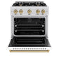 ZLINE Autograph Edition 30 in. 4.2 cu. ft. Classic Gas Range with 4 Burner Cooktop and Convection Gas Oven in Satin Stainless Steel with White Matte Door and Champagne Bronze Accents (CGRSZ-WM-30-CB) front, oven open.