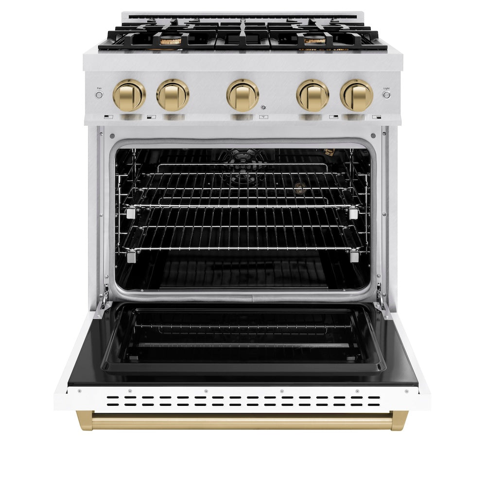 ZLINE Autograph Edition 30 in. 4.2 cu. ft. Classic Gas Range with 4 Burner Cooktop and Convection Gas Oven in Satin Stainless Steel with White Matte Door and Champagne Bronze Accents (CGRSZ-WM-30-CB) front, oven open.