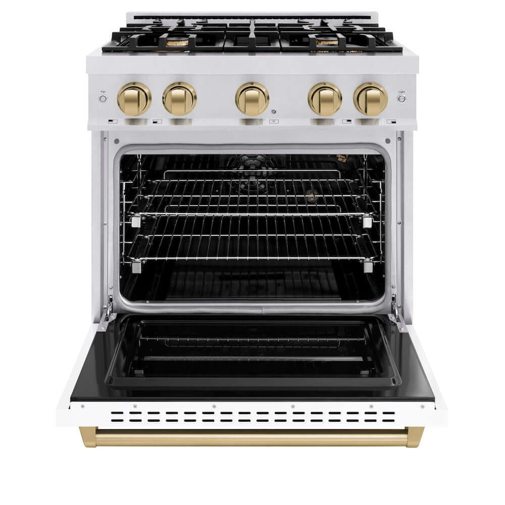 ZLINE Autograph Edition 30 in. 4.2 cu. ft. Classic Gas Range with 4 Burner Cooktop and Convection Gas Oven in Satin Stainless Steel with White Matte Door and Champagne Bronze Accents, Open Box-Good Condition