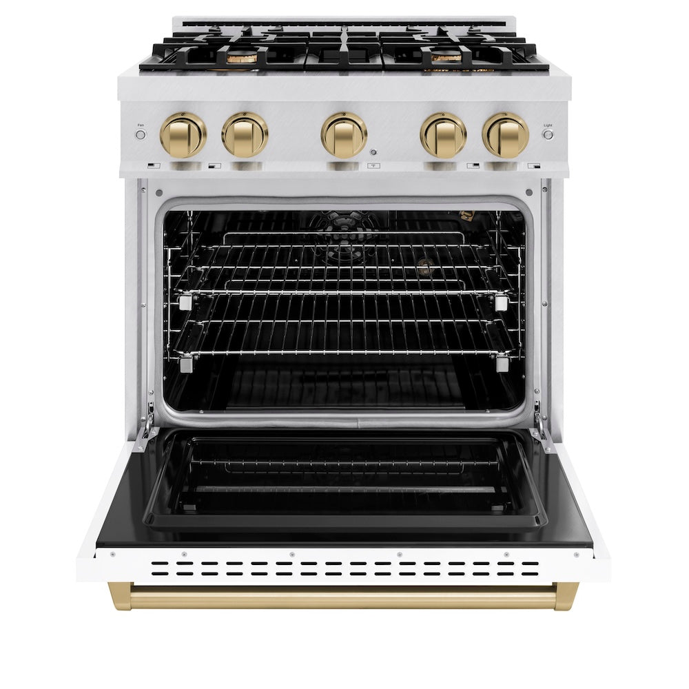 ZLINE Autograph Edition 30 in. 4.2 cu. ft. Classic Gas Range with 4 Burner Cooktop and Convection Gas Oven in Satin Stainless Steel with White Matte Door and Champagne Bronze Accents, Open Box-Great Condition