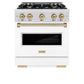 ZLINE Autograph Edition 30 in. 4.2 cu. ft. Classic Gas Range with 4 Burner Cooktop and Convection Gas Oven in Satin Stainless Steel with White Matte Door and Champagne Bronze Accents (CGRSZ-WM-30-CB) front.