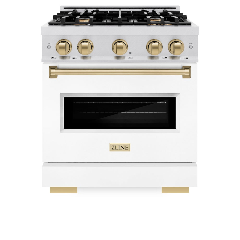 ZLINE Autograph Edition 30 in. 4.2 cu. ft. Classic Gas Range with 4 Burner Cooktop and Convection Gas Oven in Satin Stainless Steel with White Matte Door and Champagne Bronze Accents (CGRSZ-WM-30-CB) front.