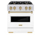 ZLINE Autograph Edition 30 in. 4.2 cu. ft. Classic Gas Range with 4 Burner Cooktop and Convection Gas Oven in Satin Stainless Steel with White Matte Door and Champagne Bronze Accents, Open Box-Good Condition