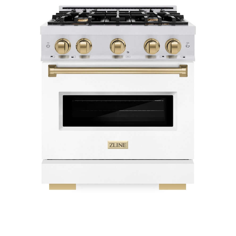 ZLINE Autograph Edition 30 in. 4.2 cu. ft. Classic Gas Range with 4 Burner Cooktop and Convection Gas Oven in Satin Stainless Steel with White Matte Door and Champagne Bronze Accents, Open Box-Good Condition
