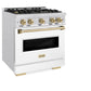 ZLINE Autograph Edition 30 in. 4.2 cu. ft. Classic Gas Range with 4 Burner Cooktop and Convection Gas Oven in Satin Stainless Steel with White Matte Door and Champagne Bronze Accents (CGRSZ-WM-30-CB) side.