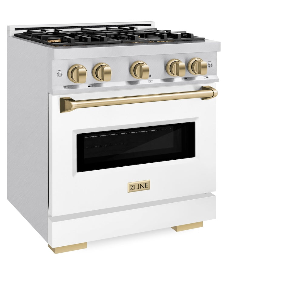ZLINE Autograph Edition 30 in. 4.2 cu. ft. Classic Gas Range with 4 Burner Cooktop and Convection Gas Oven in Satin Stainless Steel with White Matte Door and Champagne Bronze Accents (CGRSZ-WM-30-CB) side.