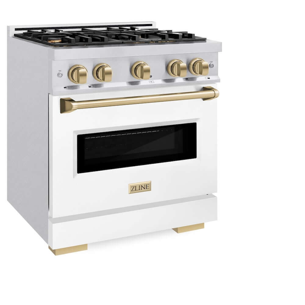 ZLINE Autograph Edition 30 in. 4.2 cu. ft. Classic Gas Range with 4 Burner Cooktop and Convection Gas Oven in Satin Stainless Steel with White Matte Door and Champagne Bronze Accents, Open Box-Good Condition