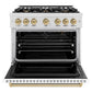 ZLINE Autograph Edition 36 in. 5.2 cu. ft. Classic Gas Range with 6 Burner Cooktop and Convection Gas Oven in Satin Stainless Steel with White Matte Door and Champagne Bronze Accents (CGRSZ-WM-36-CB) front, oven open.