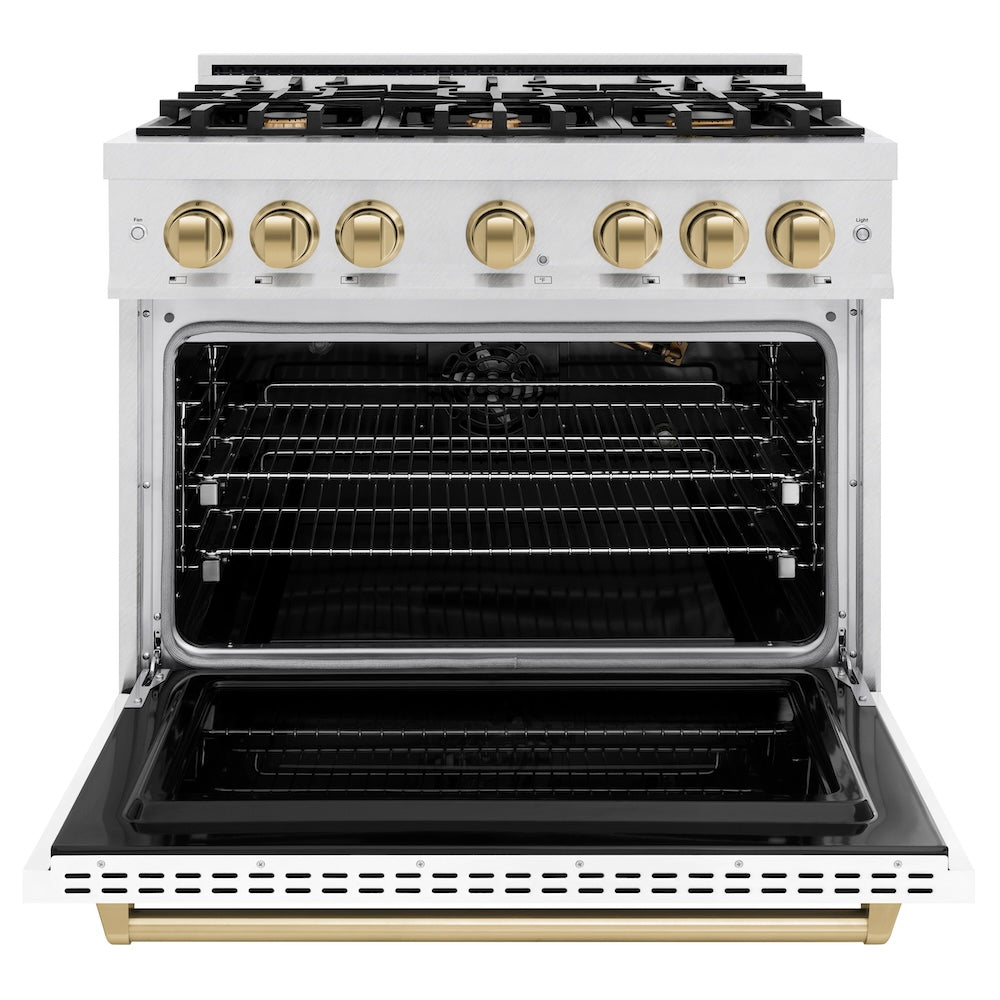 ZLINE Autograph Edition 36 in. 5.2 cu. ft. Classic Gas Range with 6 Burner Cooktop and Convection Gas Oven in Satin Stainless Steel with White Matte Door and Champagne Bronze Accents (CGRSZ-WM-36-CB) front, oven open.