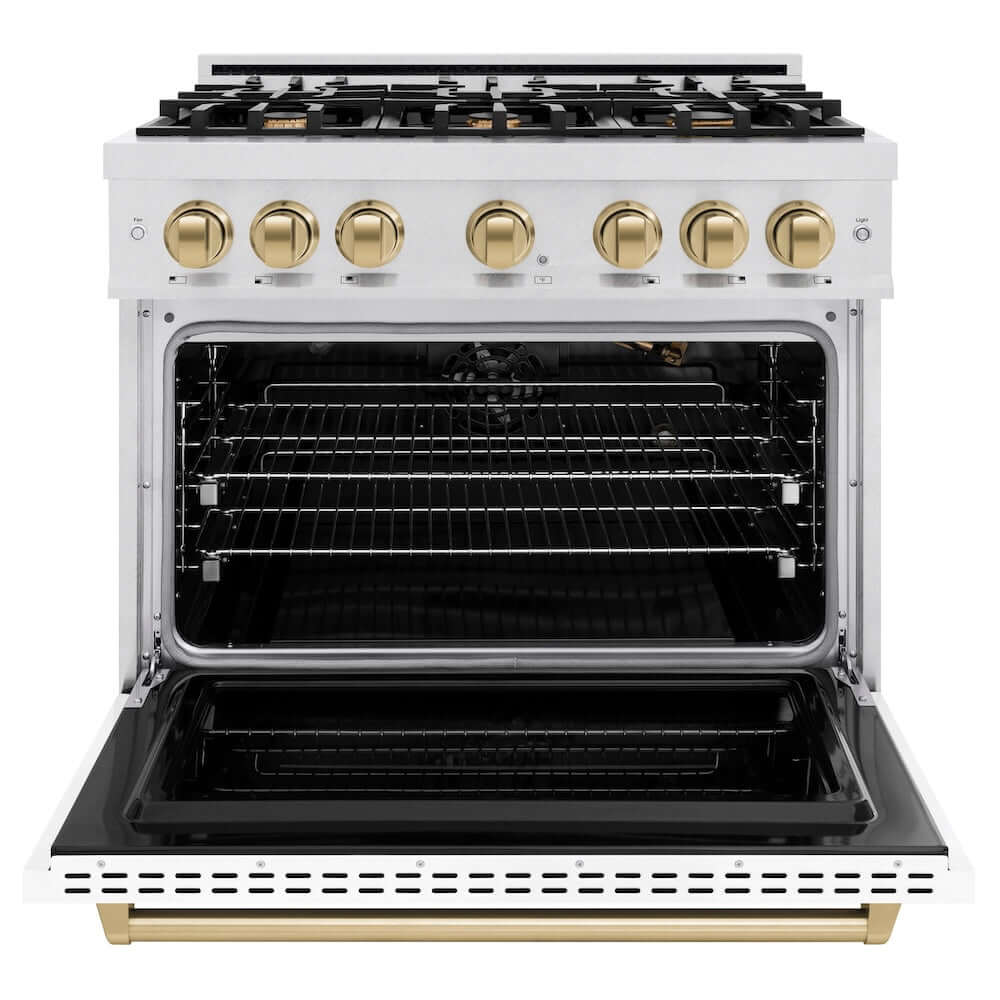 ZLINE Autograph Edition 36 in. 5.2 cu. ft. Classic Gas Range with 6 Burner Cooktop and Convection Gas Oven in Satin Stainless Steel with White Matte Door and Champagne Bronze Accents, Open Box-Good Condition