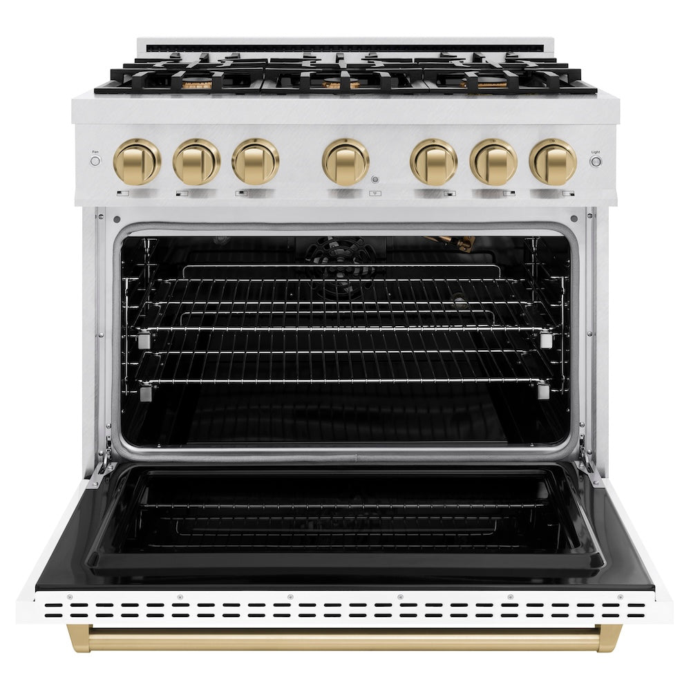 ZLINE Autograph Edition 36 in. 5.2 cu. ft. Classic Gas Range with 6 Burner Cooktop and Convection Gas Oven in Satin Stainless Steel with White Matte Door and Champagne Bronze Accents, Open Box-Great Condition