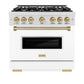 ZLINE Autograph Edition 36 in. 5.2 cu. ft. Classic Gas Range with 6 Burner Cooktop and Convection Gas Oven in Satin Stainless Steel with White Matte Door and Champagne Bronze Accents (CGRSZ-WM-36-CB) front.