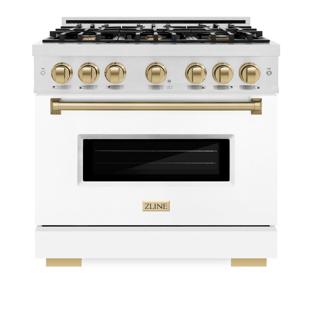 ZLINE Autograph Edition 36 in. 5.2 cu. ft. Classic Gas Range with 6 Burner Cooktop and Convection Gas Oven in Satin Stainless Steel with White Matte Door and Champagne Bronze Accents (CGRSZ-WM-36-CB) front.