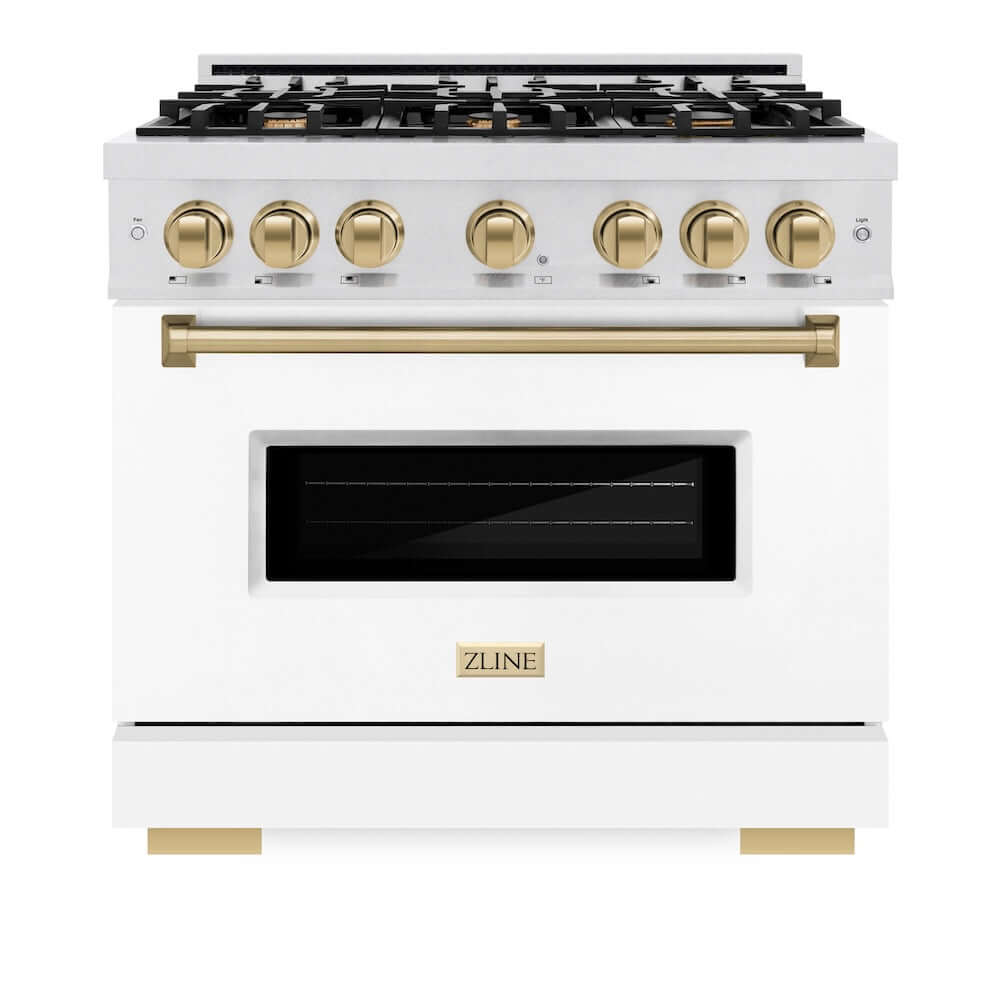 ZLINE Autograph Edition 36 in. 5.2 cu. ft. Classic Gas Range with 6 Burner Cooktop and Convection Gas Oven in Satin Stainless Steel with White Matte Door and Champagne Bronze Accents, Open Box-Good Condition