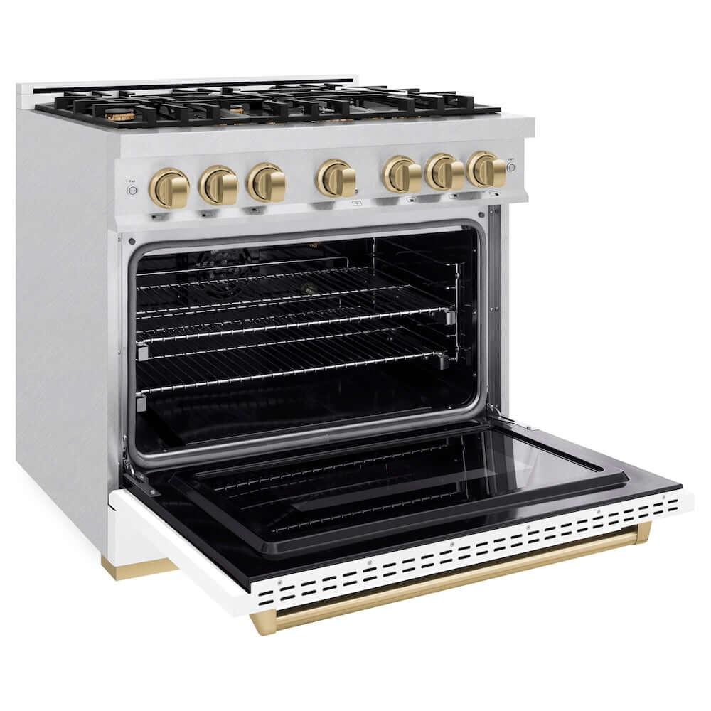 ZLINE Autograph Edition 36 in. 5.2 cu. ft. Classic Gas Range with 6 Burner Cooktop and Convection Gas Oven in Satin Stainless Steel with White Matte Door and Champagne Bronze Accents, Open Box-Good Condition