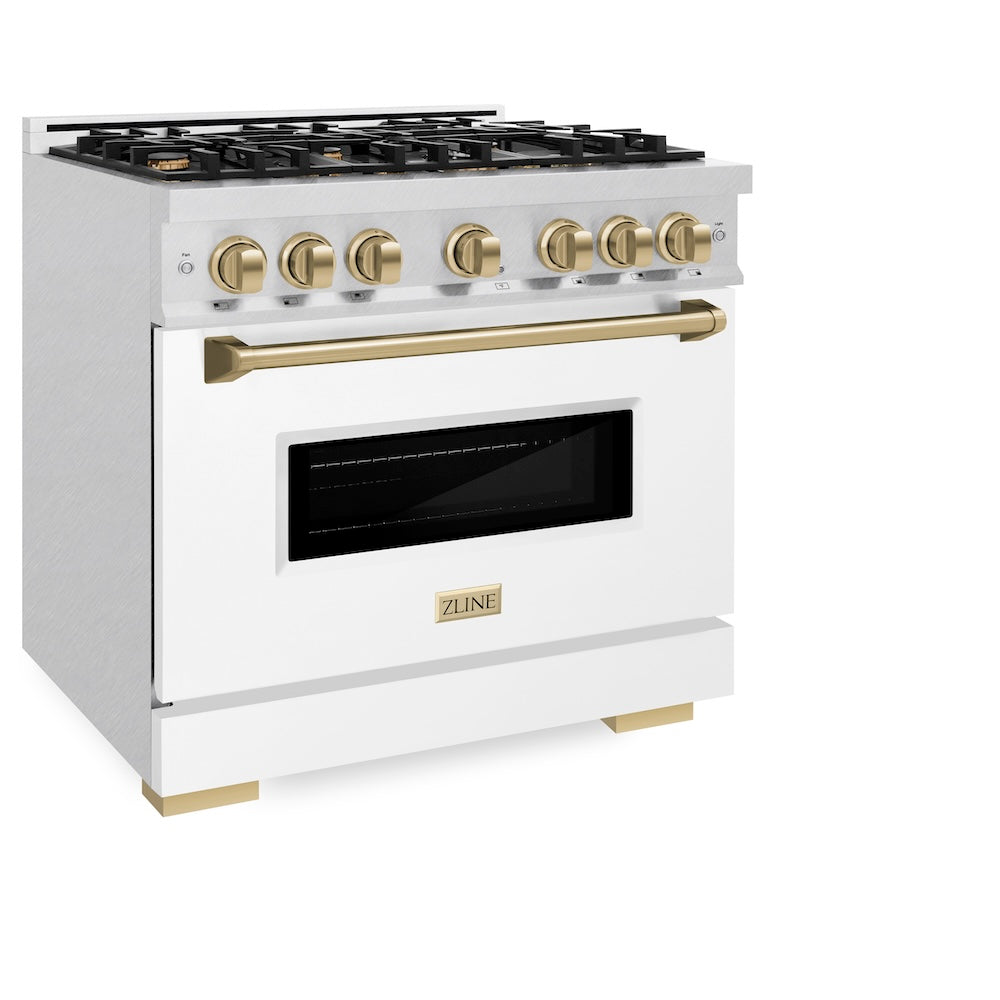 ZLINE Autograph Edition 36 in. 5.2 cu. ft. Classic Gas Range with 6 Burner Cooktop and Convection Gas Oven in Satin Stainless Steel with White Matte Door and Champagne Bronze Accents (CGRSZ-WM-36-CB) side.