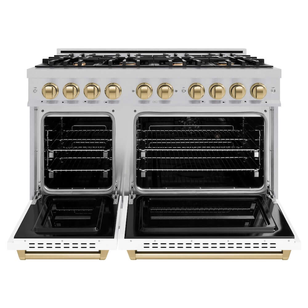 ZLINE Autograph Edition 48 in. 6.7 cu. ft. Classic Double Oven Gas Range with 8 Burner Cooktop in Satin Stainless Steel with White Matte Doors and Champagne Bronze Accents, Open Box-Good Condition