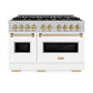 ZLINE Autograph Edition 48 in. 6.7 cu. ft. Classic Double Oven Gas Range with 8 Burner Cooktop in Satin Stainless Steel with White Matte Doors and Champagne Bronze Accents (CGRSZ-WM-48-CB) front.