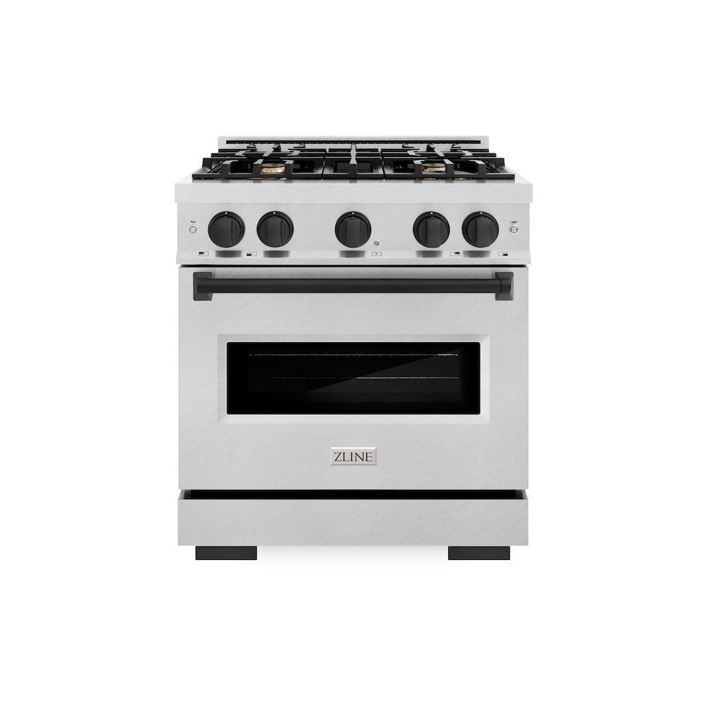 ZLINE Autograph Edition 30 in. 4.2 cu. ft. Classic Gas Range with 4 Burner Cooktop and Convection Gas Oven in Satin Stainless Steel and Matte Black Accents, Open Box-Great Condition