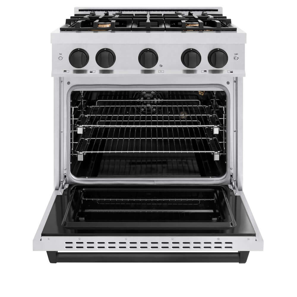 ZLINE Autograph Edition 30 in. 4.2 cu. ft. Classic Gas Range with 4 Burner Cooktop and Convection Gas Oven in Satin Stainless Steel and Matte Black Accents, Open Box-Good Condition
