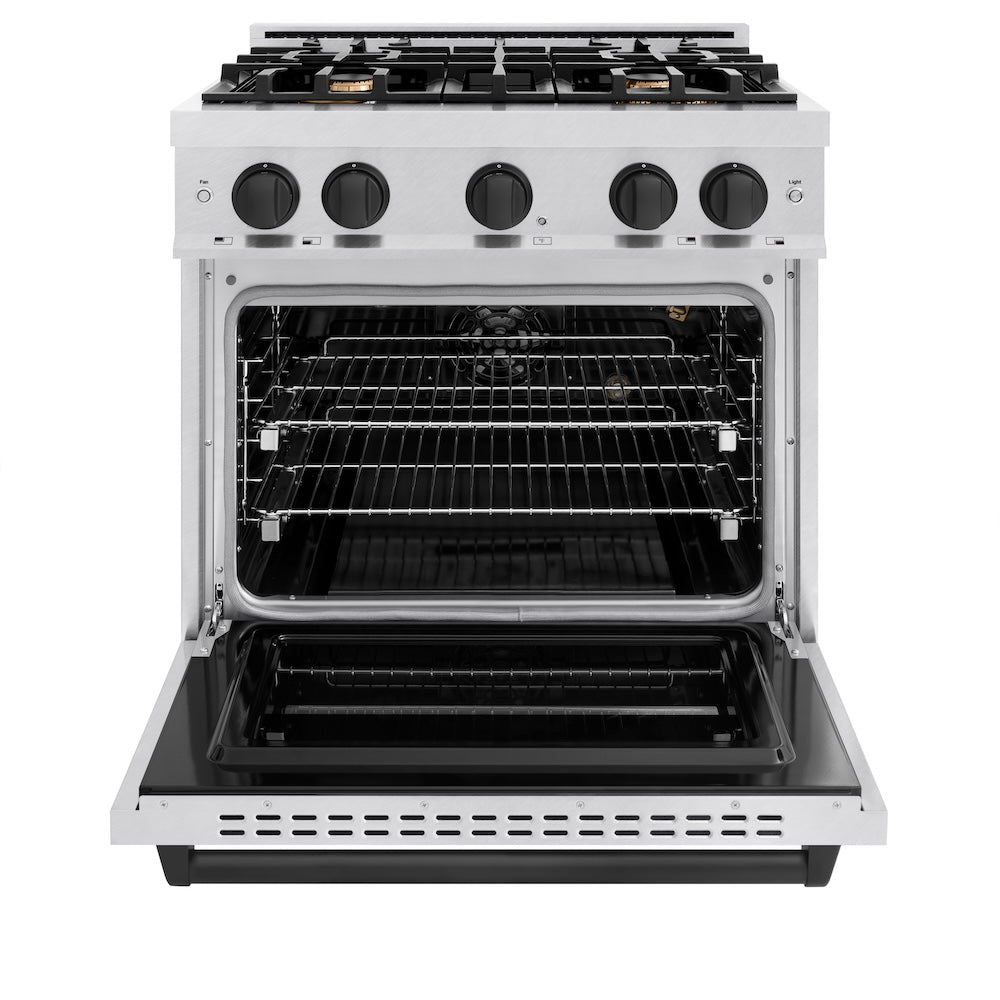ZLINE Autograph Edition 30 in. 4.2 cu. ft. Classic Gas Range with 4 Burner Cooktop and Convection Gas Oven in Satin Stainless Steel and Matte Black Accents, Open Box-Great Condition