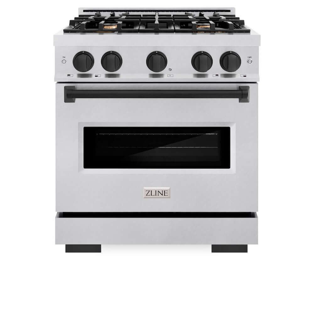 ZLINE Autograph Edition 30 in. 4.2 cu. ft. Classic Gas Range with 4 Burner Cooktop and Convection Gas Oven in Satin Stainless Steel and Matte Black Accents, Open Box-Good Condition