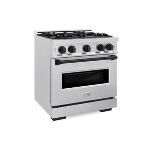 ZLINE Autograph Edition 30 in. 4.2 cu. ft. Classic Gas Range with 4 Burner Cooktop and Convection Gas Oven in Satin Stainless Steel and Matte Black Accents (CGRSZ-30-MB) main image.