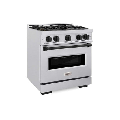 ZLINE Autograph Edition 30 in. 4.2 cu. ft. Classic Gas Range with 4 Burner Cooktop and Convection Gas Oven in Satin Stainless Steel and Matte Black Accents, Open Box-Good Condition