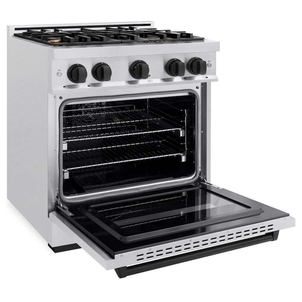 ZLINE Autograph Edition 30 in. 4.2 cu. ft. Classic Gas Range with 4 Burner Cooktop and Convection Gas Oven in Satin Stainless Steel and Matte Black Accents, Open Box-Good Condition