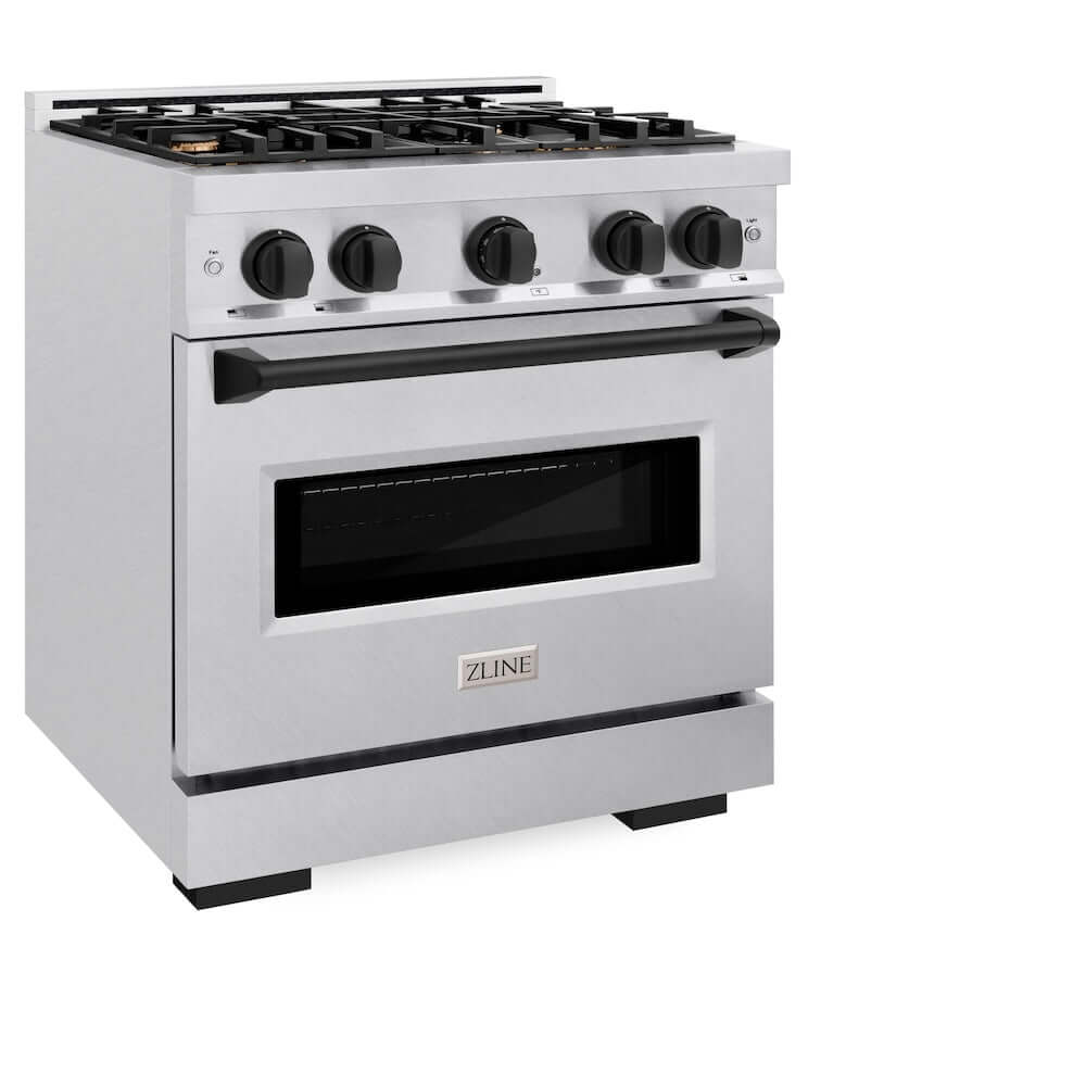 ZLINE Autograph Edition 30 in. 4.2 cu. ft. Classic Gas Range with 4 Burner Cooktop and Convection Gas Oven in Satin Stainless Steel and Matte Black Accents, Open Box-Good Condition