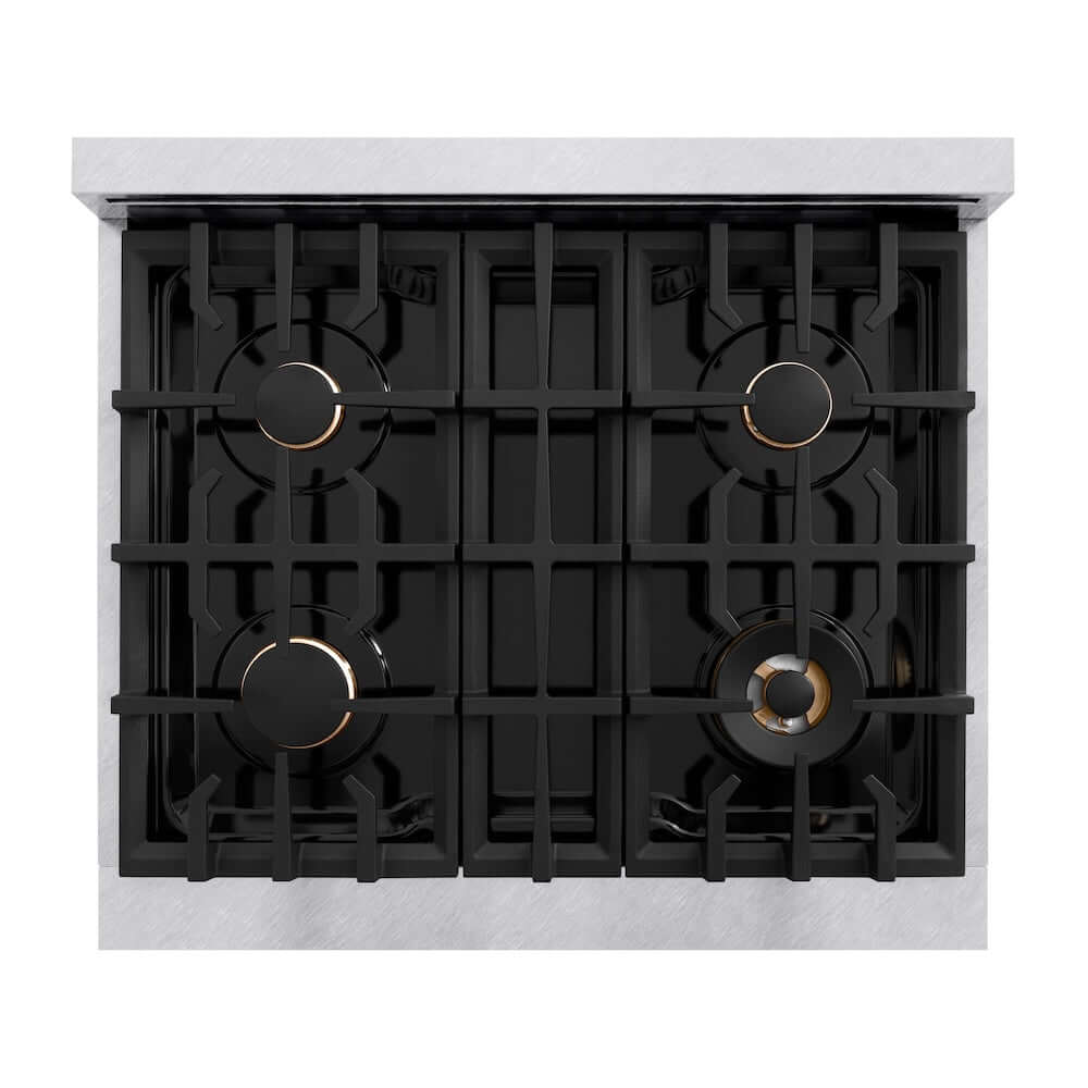 ZLINE Autograph Edition 30 in. 4.2 cu. ft. Classic Gas Range with 4 Burner Cooktop and Convection Gas Oven in Satin Stainless Steel and Matte Black Accents, Open Box-Good Condition