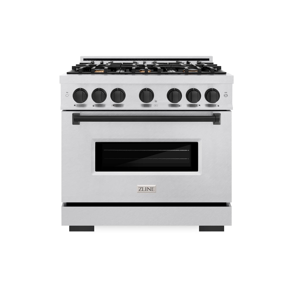 ZLINE Autograph Edition 36 in. 5.2 cu. ft. Classic Gas Range with 6 Burner Cooktop and Convection Gas Oven in Satin Stainless Steel and Matte Black Accents, Open Box-Great Condition