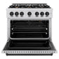 ZLINE Autograph Edition 36 in. 5.2 cu. ft. Classic Gas Range with 6 Burner Cooktop and Convection Gas Oven in Satin Stainless Steel and Matte Black Accents (CGRSZ-36-MB) front, oven open.