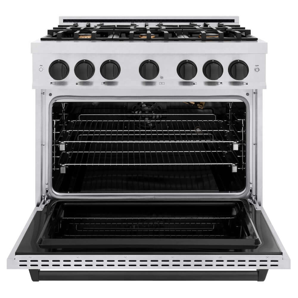 ZLINE Autograph Edition 36 in. 5.2 cu. ft. Classic Gas Range with 6 Burner Cooktop and Convection Gas Oven in Satin Stainless Steel and Matte Black Accents, Open Box-Good Condition