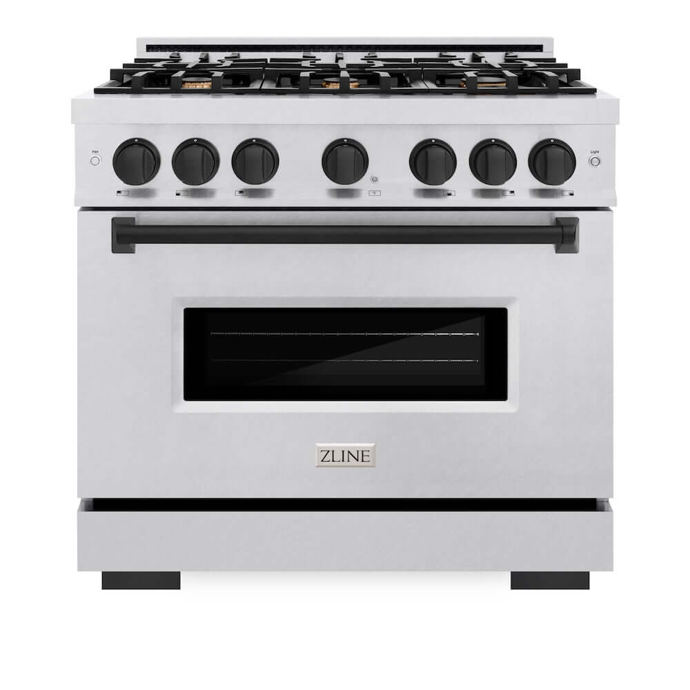 ZLINE Autograph Edition 36 in. 5.2 cu. ft. Classic Gas Range with 6 Burner Cooktop and Convection Gas Oven in Satin Stainless Steel and Matte Black Accents, Open Box-Good Condition