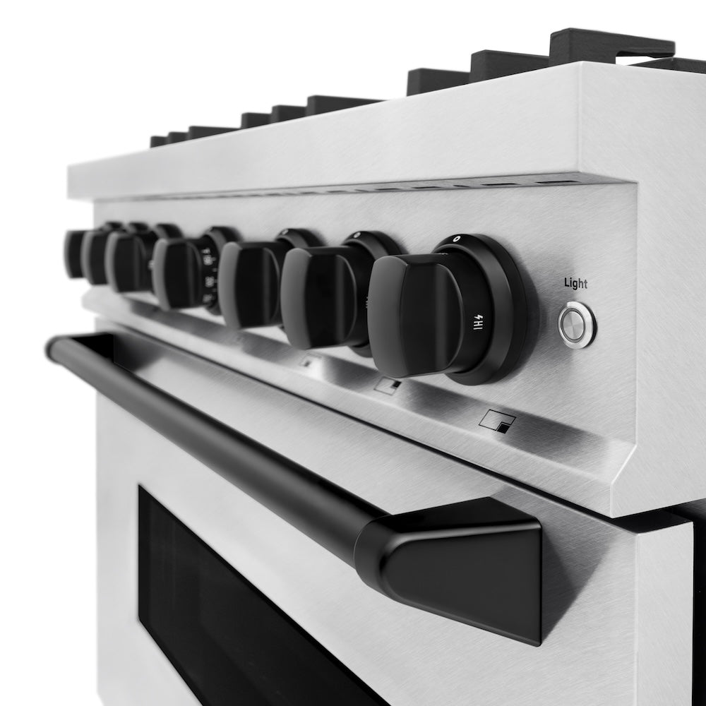 ZLINE Autograph Edition 36 in. 5.2 cu. ft. Classic Gas Range with 6 Burner Cooktop and Convection Gas Oven in Satin Stainless Steel and Matte Black Accents (CGRSZ-36-MB) oven door slightly open showing handle detail.