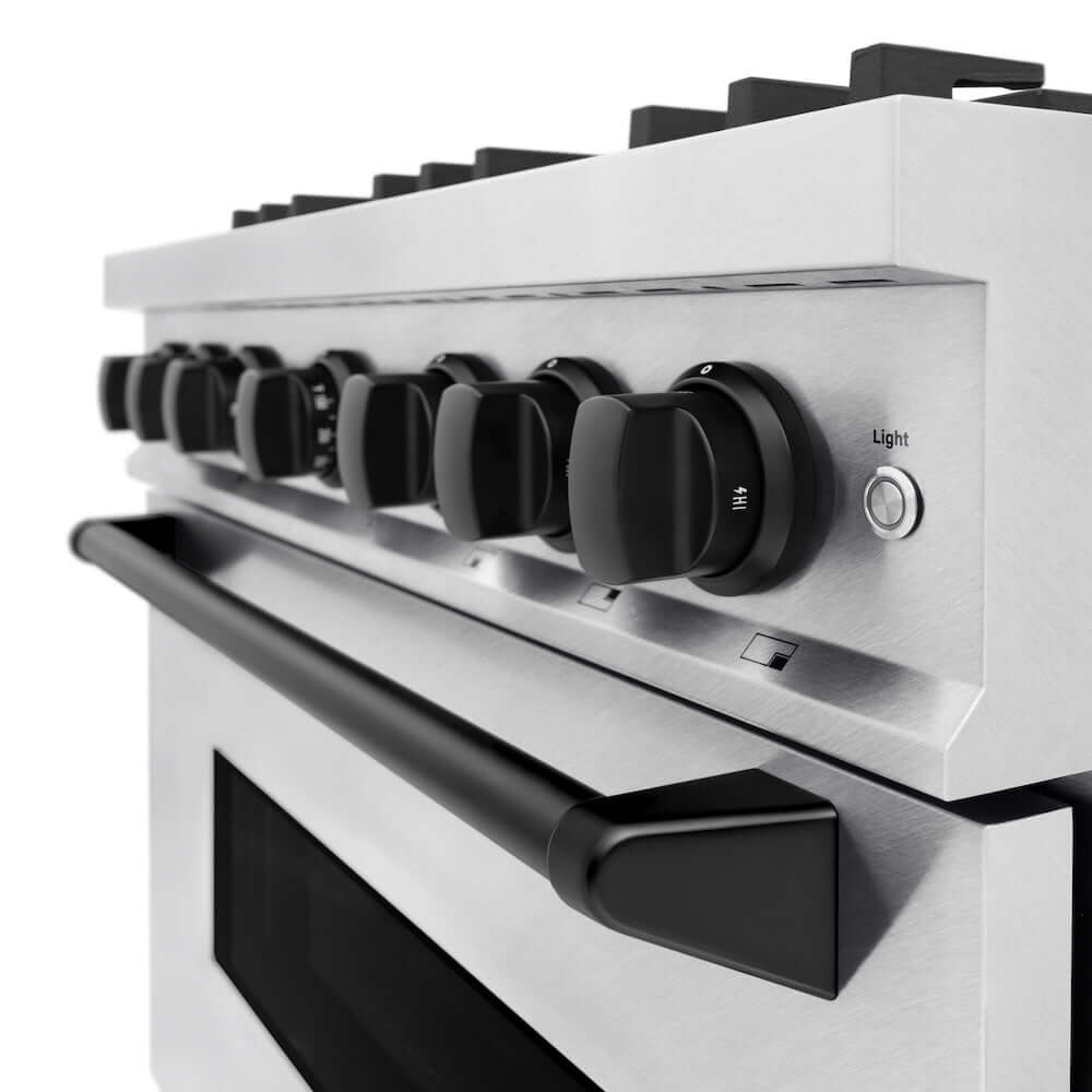 ZLINE Autograph Edition 36 in. 5.2 cu. ft. Classic Gas Range with 6 Burner Cooktop and Convection Gas Oven in Satin Stainless Steel and Matte Black Accents, Open Box-Good Condition