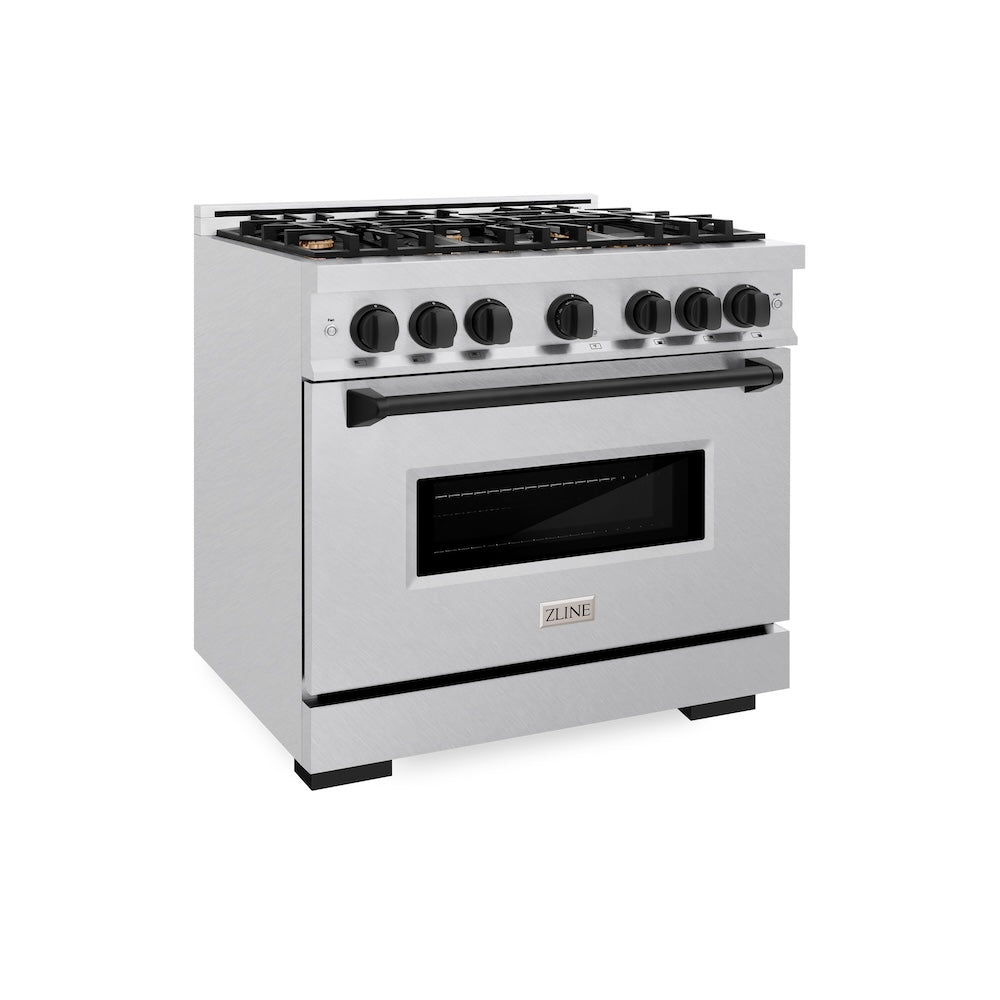 ZLINE Autograph Edition 36 in. 5.2 cu. ft. Classic Gas Range with 6 Burner Cooktop and Convection Gas Oven in Satin Stainless Steel and Matte Black Accents (CGRSZ-36-MB) main image.