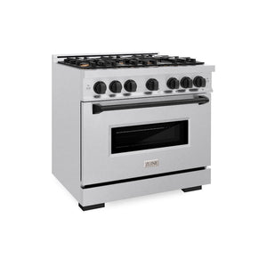 ZLINE Autograph Edition 36 in. 5.2 cu. ft. Classic Gas Range with 6 Burner Cooktop and Convection Gas Oven in Satin Stainless Steel and Matte Black Accents, Open Box-Great Condition main image.